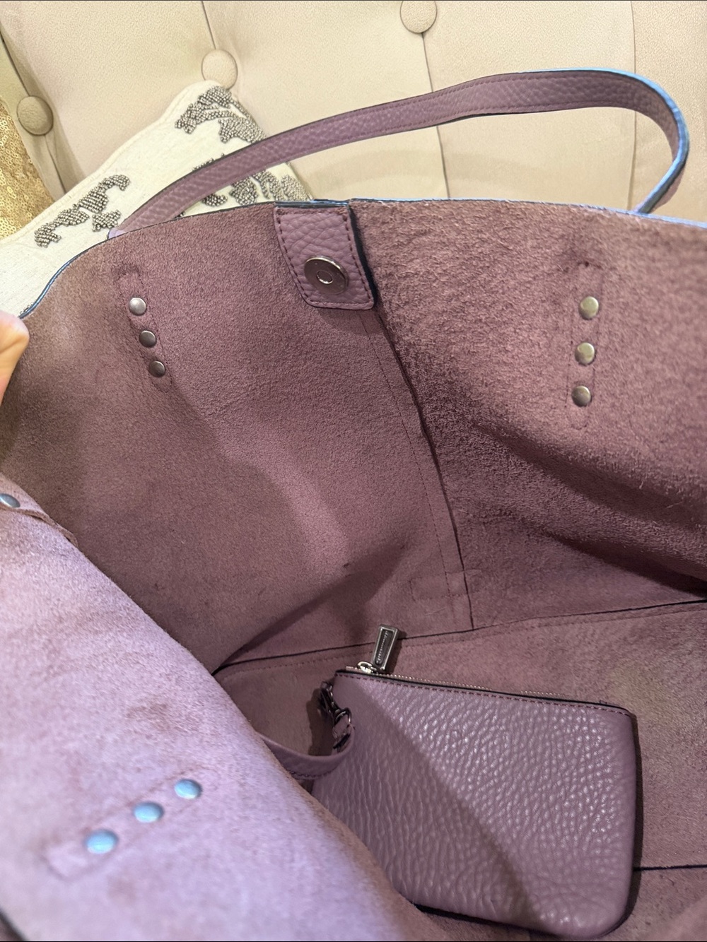 Rebecca Minkoff Dusty Lavender Pebbled Leather Tote with Zip Pouch - Picture 10 of 10